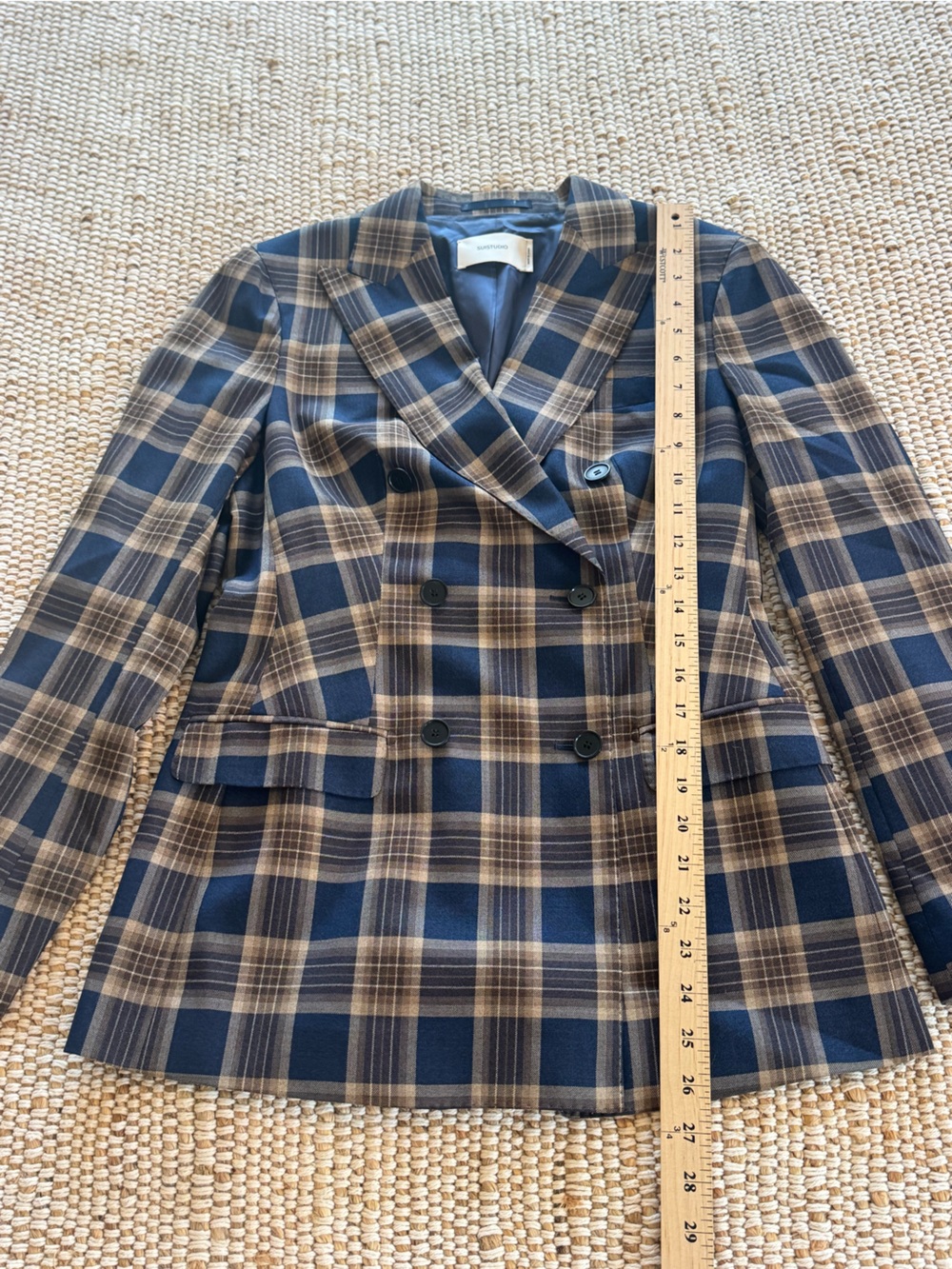 SUISTUDIO Italian Wool Plaid Double Breasted Blazer Cameron Navy Tan US 6 - Picture 5 of 12